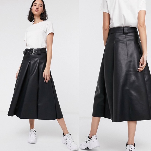 ASOS Design leather look midi skirt + western belt 🖤 black 🖤 US 10 & 12 - Picture 1 of 16